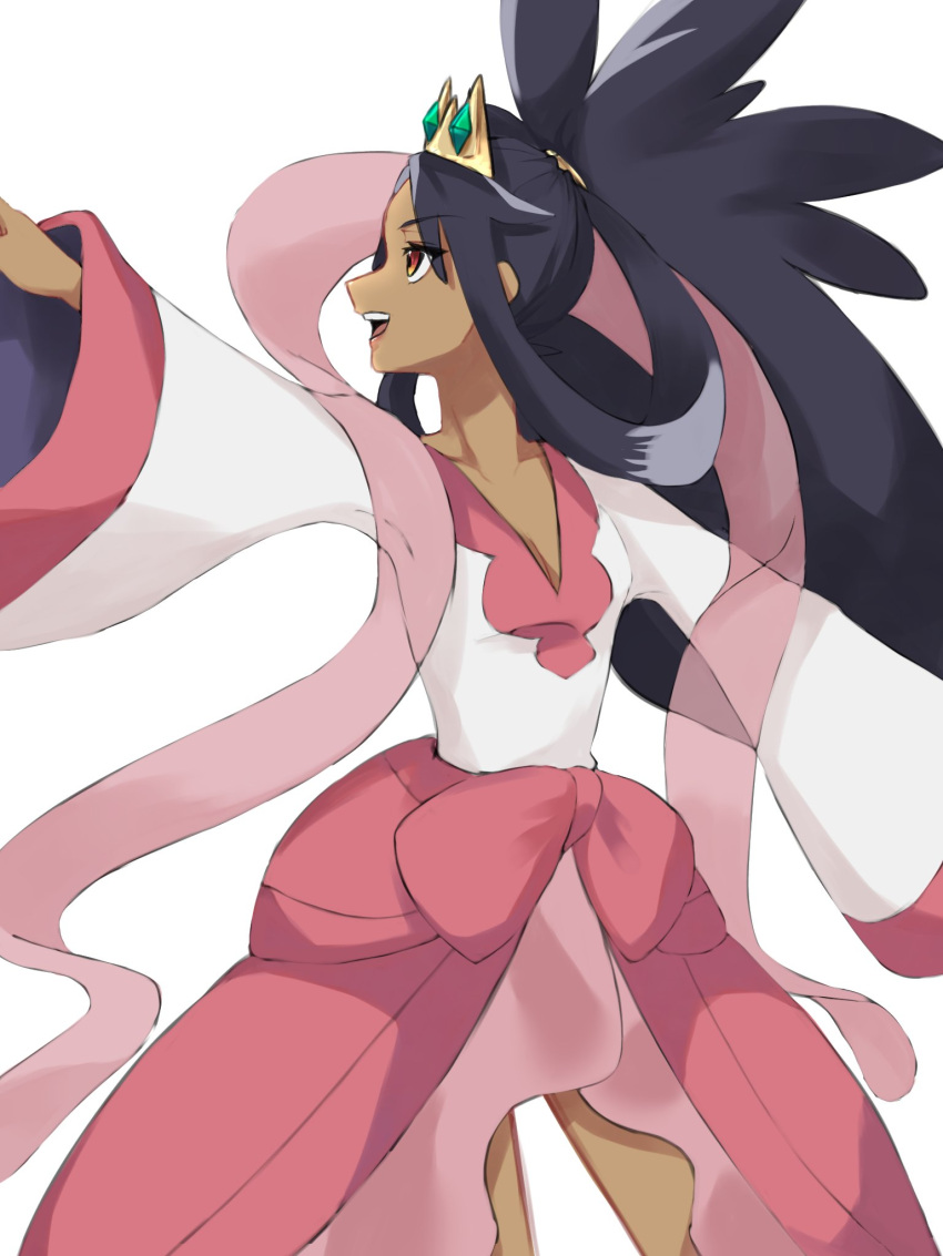 1girl :d black_hair brown_eyes commentary_request dark-skinned_female dark_skin eyelashes hair_rings hair_tie highres iris_(pokemon) long_hair long_sleeves looking_to_the_side momose_1228 open_mouth outstretched_arm pink_skirt pokemon pokemon_(game) pokemon_bw2 shirt simple_background skirt smile solo teeth tiara tied_hair tongue upper_teeth white_background white_shirt wide_sleeves