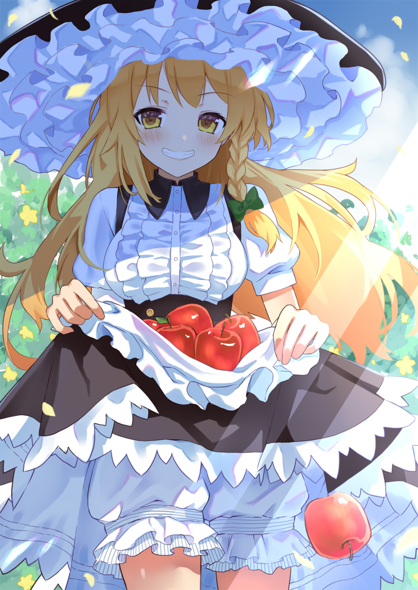 1girl ahase_hino apple apron black_headwear black_skirt black_vest blonde_hair bloomers blush bow braid breasts buttons center_frills commentary_request cowboy_shot embarrassed eyebrows_visible_through_hair food frilled_skirt frills fruit green_bow grin hair_between_eyes hair_ribbon hat highres kirisame_marisa lifted_by_self light_rays long_hair long_sleeves looking_at_viewer medium_breasts orange_eyes puffy_sleeves ribbon shirt side_braid single_braid skirt skirt_set smile solo teeth thighs touhou tress_ribbon underwear vest waist_apron white_shirt witch_hat