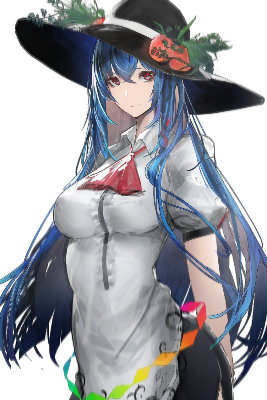 1girl absurdres arm_at_side ascot back_bow bangs black_headwear blue_hair blue_sash blush bow breasts buttons center_frills closed_mouth collared_shirt commentary_request cowboy_shot eyelashes feet_out_of_frame frills fruit_hat_ornament hair_between_eyes highres hinanawi_tenshi long_hair looking_at_viewer medium_breasts migata neck_ribbon peach_hat_ornament puffy_short_sleeves puffy_sleeves red_ascot red_eyes red_ribbon ribbon sash shirt short_sleeves sidelocks simple_background smile solo touhou upper_body white_background white_shirt wing_collar