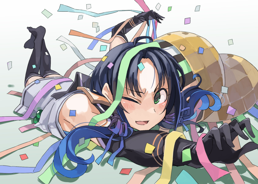 1girl bare_shoulders black_gloves black_legwear blue_hair blush commentary_request confetti elbow_gloves feet_up gloves gradient gradient_background green_eyes highres kantai_collection long_hair looking_at_viewer low_twintails lying on_stomach one_eye_closed open_mouth ribbon school_uniform serafuku skirt sleeveless smile solo sugue_tettou suzukaze_(kancolle) the_pose thigh-highs twintails white_serafuku white_skirt zettai_ryouiki