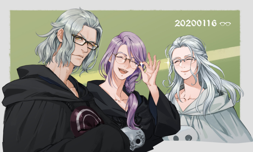 1girl 2boys bangs black-framed_eyewear black_robe braid braided_ponytail dated emet-selch final_fantasy final_fantasy_xiv glasses grey_background grey_hair hair_over_shoulder highres hythlodaeus long_hair looking_at_viewer mask mask_around_neck multiple_boys over-rim_eyewear purple_hair rimless_eyewear semi-rimless_eyewear short_hair silver_hair smile swept_bangs upper_body venat_(ff14) white_robe yellow_eyes yuzukarin