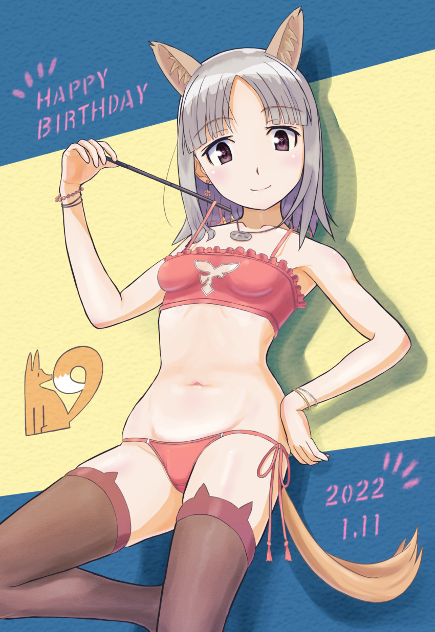 1girl animal_ears black_legwear blush bra brave_witches breasts closed_mouth collarbone dated edytha_rossmann eyebrows_visible_through_hair fox_ears fox_tail hand_on_hip happy_birthday heart heart-shaped_pupils highres jewelry keicha_(kmoekaki) lingerie looking_at_viewer medium_hair necklace panties red_bra red_panties shiny shiny_hair shiny_skin side-tie_panties silver_hair small_breasts smile solo symbol-shaped_pupils tail thigh-highs underwear violet_eyes wand world_witches_series
