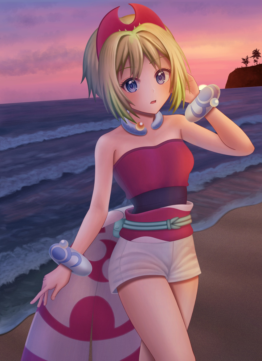 1girl absurdres bangs blonde_hair blue_eyes bracelet clouds collar commentary_request eyebrows_visible_through_hair eyelashes hand_up highres irida_(pokemon) jewelry open_mouth outdoors pokemon pokemon_(game) pokemon_legends:_arceus red_shirt sand sash shirt shore short_hair shorts sky solo standing strapless strapless_shirt tongue twilight waist_cape water white_shorts zero_artbox