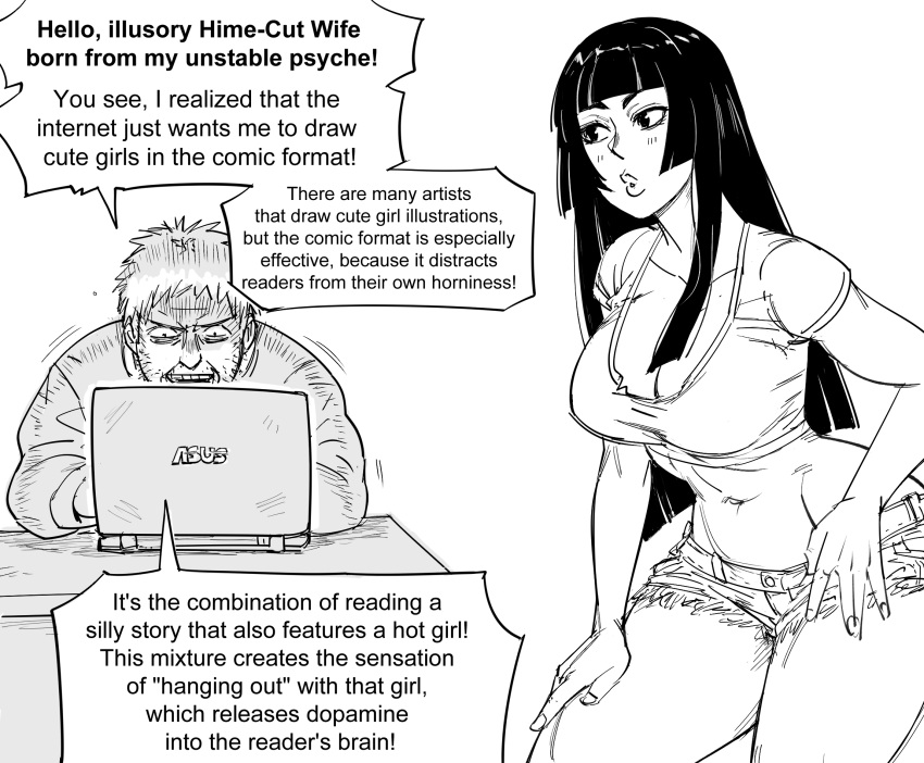 1boy 1girl artist_self-insert bb_(baalbuddy) black_hair breasts computer denim denim_shorts desk english_text facial_hair greyscale hand_on_hip hand_on_own_leg highres hime_cut laptop large_breasts long_hair monochrome original plunging_neckline shorts simple_background sitting speech_bubble stubble tank_top white_background