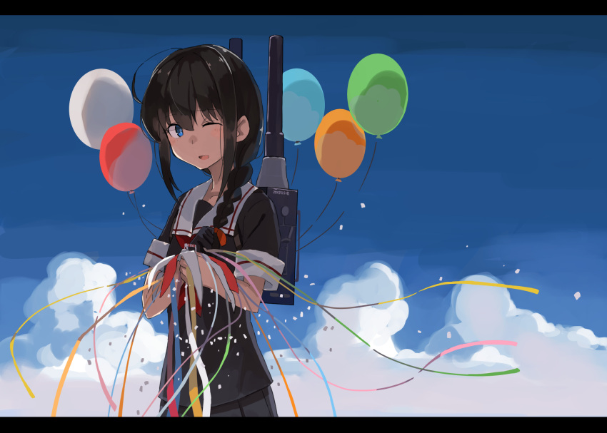 1girl ahoge balloon bangs black_hair black_serafuku black_skirt blue_eyes braid commentary_request confetti hair_between_eyes hair_over_shoulder highres kantai_collection looking_at_viewer neckerchief necktie one_eye_closed open_mouth pleated_skirt red_neckerchief school_uniform serafuku shigure_(kancolle) single_braid skirt smile solo sugue_tettou
