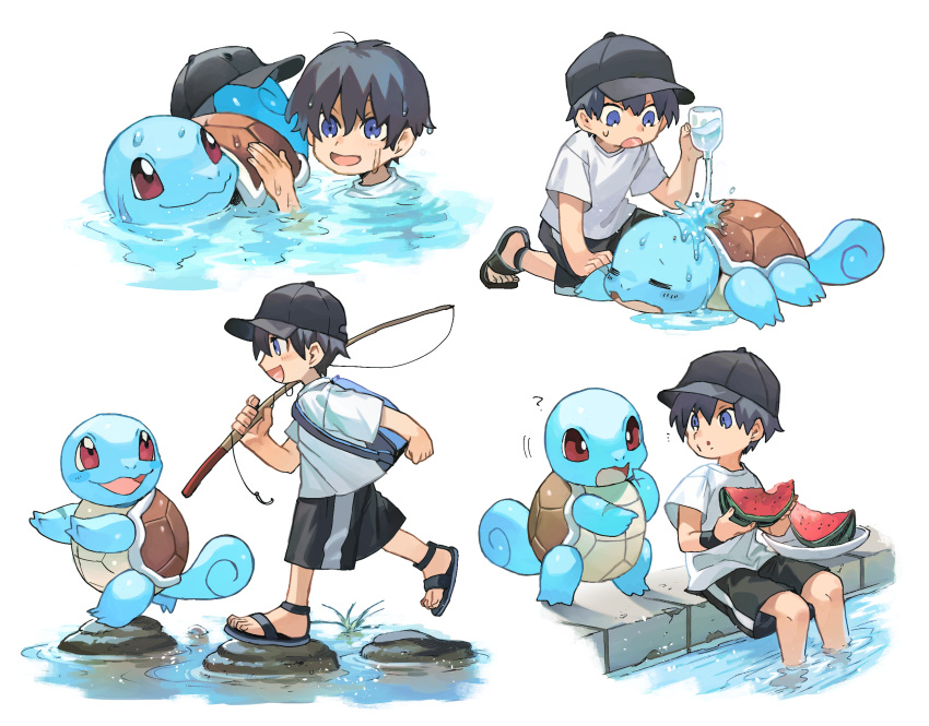 1boy black_hair commentary_request eating food fruit highres newo_(shinra-p) open_mouth pet_play pokemon pokemon_(creature) pouring sandals shell shorts smile squirtle stepping_stones water watermelon