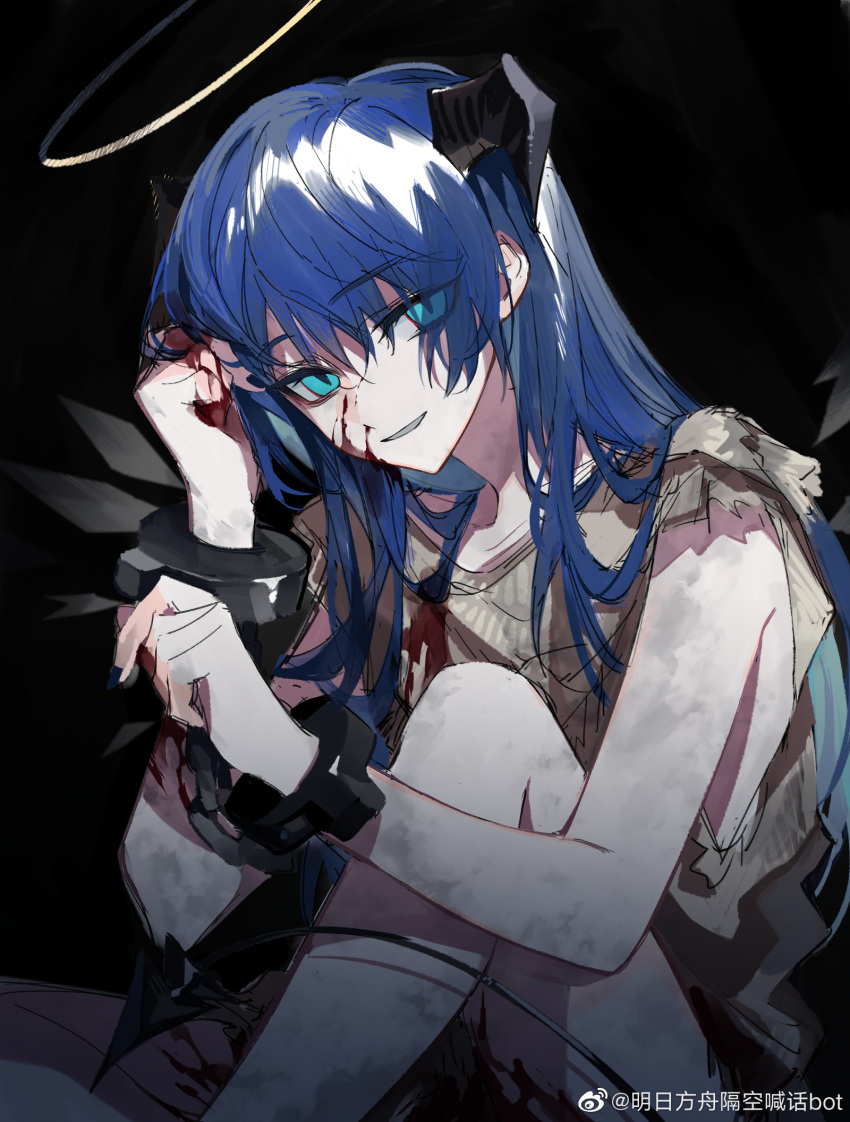 1girl arknights arknights_gekonghanhua_bot artist_name bangs bare_arms black_background blood blood_on_face blue_eyes blue_hair bound bound_arms brown_shirt chain cuffs demon_girl demon_horns demon_tail detached_wings dirty energy_wings eyebrows_visible_through_hair halo highres horns knee_up long_hair looking_at_viewer mostima_(arknights) parted_lips shackles shirt simple_background sitting smile solo tail torn_clothes torn_shirt very_long_hair weibo_username wings