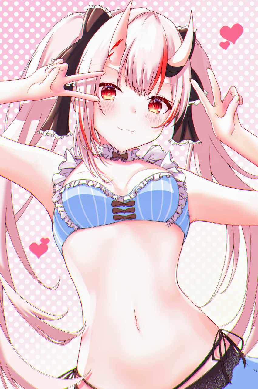 1girl :3 absurdres arms_up bangs bikini black_bow blue_bikini bow breasts double_v eyebrows_visible_through_hair fang hair_bow heart highres hololive horns lace_trim long_hair looking_at_viewer mihanada_kasumi multicolored_hair nakiri_ayame native oni oni_horns pink_background polka_dot polka_dot_background red_eyes redhead small_breasts smile solo stomach streaked_hair striped swimsuit twintails upper_body v v_over_eye virtual_youtuber white_hair