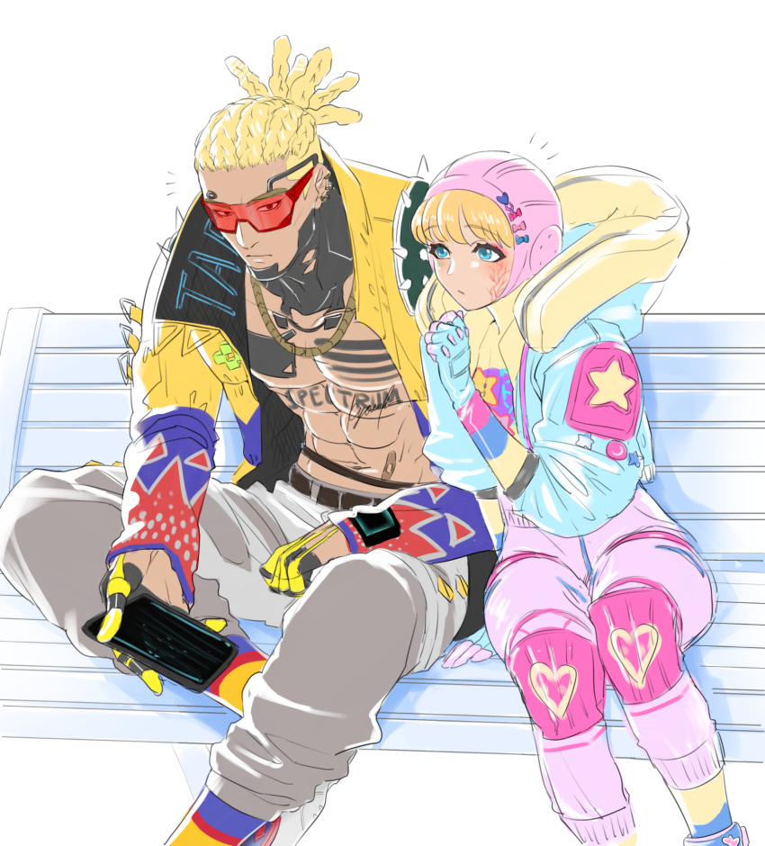 1boy 1girl abs apex_legends bailian bandaid_on_stomach blonde_hair blue_eyes blue_hair blue_jacket blush bodysuit brown_eyes chain chest_tattoo cornrows crypto_(apex_legends) eyebrows_visible_through_hair gold_chain highres holding holding_tablet_pc hood hooded_jacket hype_beast_crypto jacket kawaii_voltage_wattson looking_to_the_side navel pectorals pink_bodysuit pink_headwear scar scar_on_cheek scar_on_face smile sunglasses surprised tablet_pc tattoo tied_hair wattson_(apex_legends) yellow_jacket