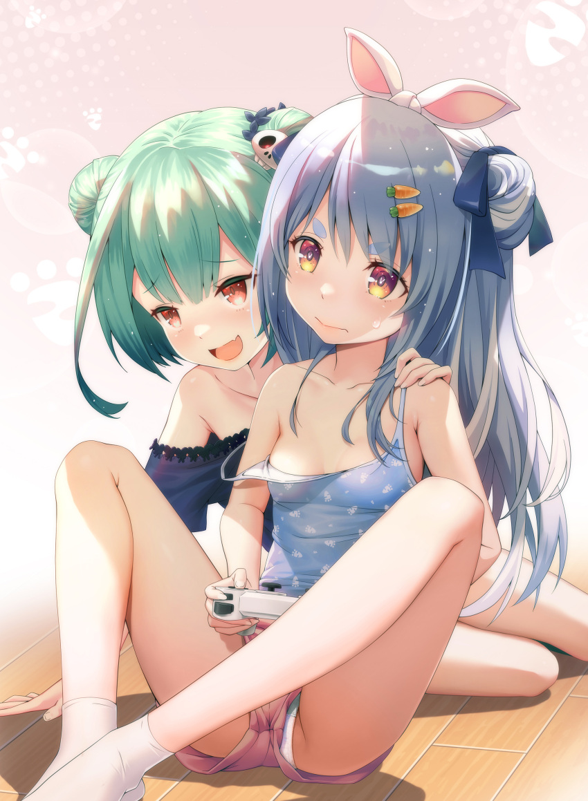 2girls :d absurdres blue_hair blue_ribbon blue_shirt blush breasts camisole carrot_hair_ornament closed_mouth commentary_request controller double_bun eyebrows_visible_through_hair fang food-themed_hair_ornament game_controller green_hair hair_ornament hair_ribbon hand_on_another's_shoulder highres holding holding_controller holding_game_controller hololive knees_apart_feet_together knees_up maru-chan_niko multicolored_hair multiple_girls panties panty_peek red_eyes red_shorts ribbon shirt short_eyebrows short_shorts shorts simple_background sitting skin_fang skull_hair_ornament small_breasts smile socks strap_slip streaked_hair thick_eyebrows underwear uruha_rushia usada_pekora virtual_youtuber white_hair white_legwear white_panties