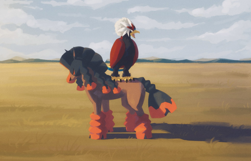 animal_focus bird braviary clouds day feyzi from_side highres mudsdale no_humans outdoors pokemon pokemon_(creature) sky standing