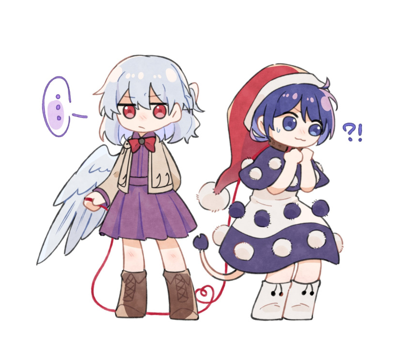 !? ... 2girls :/ :3 angel_wings arm_up bangs beige_jacket black_capelet blue_eyes blue_hair blush book bow bowtie braid breasts capelet chinese_commentary closed_mouth collared_dress commentary_request doremy_sweet dress expressionless eyebrows_visible_through_hair eyelashes feathered_wings feet_out_of_frame fingers french_braid hair_between_eyes half_updo hat highres idaku kishin_sagume knees long_sleeves looking_at_another looking_up medium_breasts multiple_girls nightcap off_shoulder pom_pom_(clothes) purple_dress red_bow red_bowtie short_hair short_sleeves silver_hair simple_background single_wing smile spoken_ellipsis standing string string_of_fate sweatdrop tail tapir_tail touhou turtleneck white_background white_dress wing_collar wings