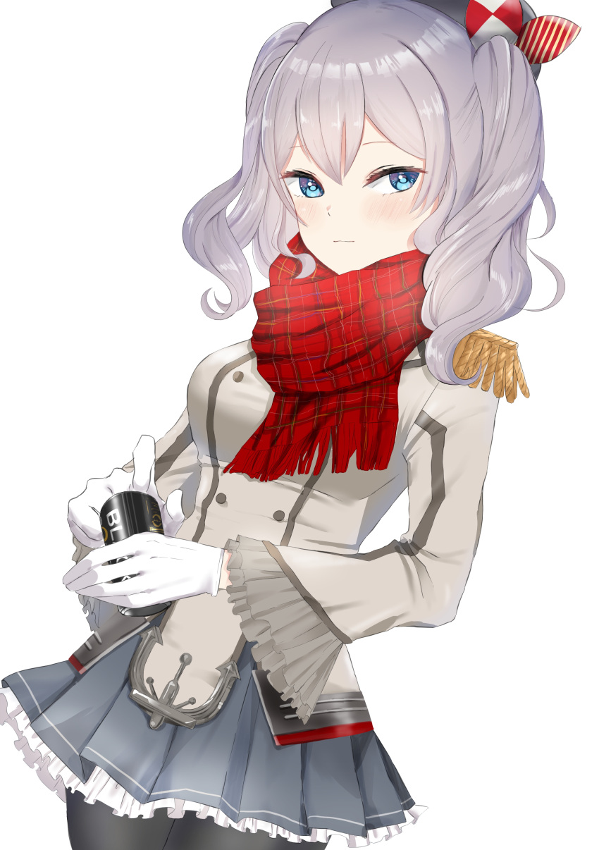 1girl absurdres alternate_legwear black_legwear blue_eyes breasts can cowboy_shot epaulettes frilled_skirt frilled_sleeves frills gloves grey_skirt highres holding holding_can jacket kantai_collection kashima_(kancolle) kerchief large_breasts long_sleeves medium_breasts military military_jacket military_uniform miniskirt neckerchief pantyhose plaid plaid_scarf pleated_skirt red_neckerchief red_scarf scarf sidelocks silver_hair sintakikomigohan skirt solo twintails uniform wavy_hair white_gloves white_jacket