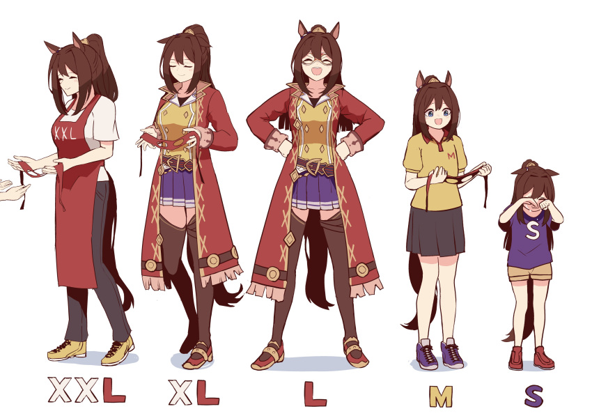 1girl absurdres age_progression animal_ears apron blue_eyes blue_shirt boots brown_hair coat crying domino_mask el_condor_pasa_(umamusume) hands_on_hips highres horse_ears horse_girl horse_tail laughing mask mask_removed petoka pleated_skirt ponytail red_coat shirt skirt smile tail thigh-highs thigh_boots umamusume white_background white_shirt yellow_shirt