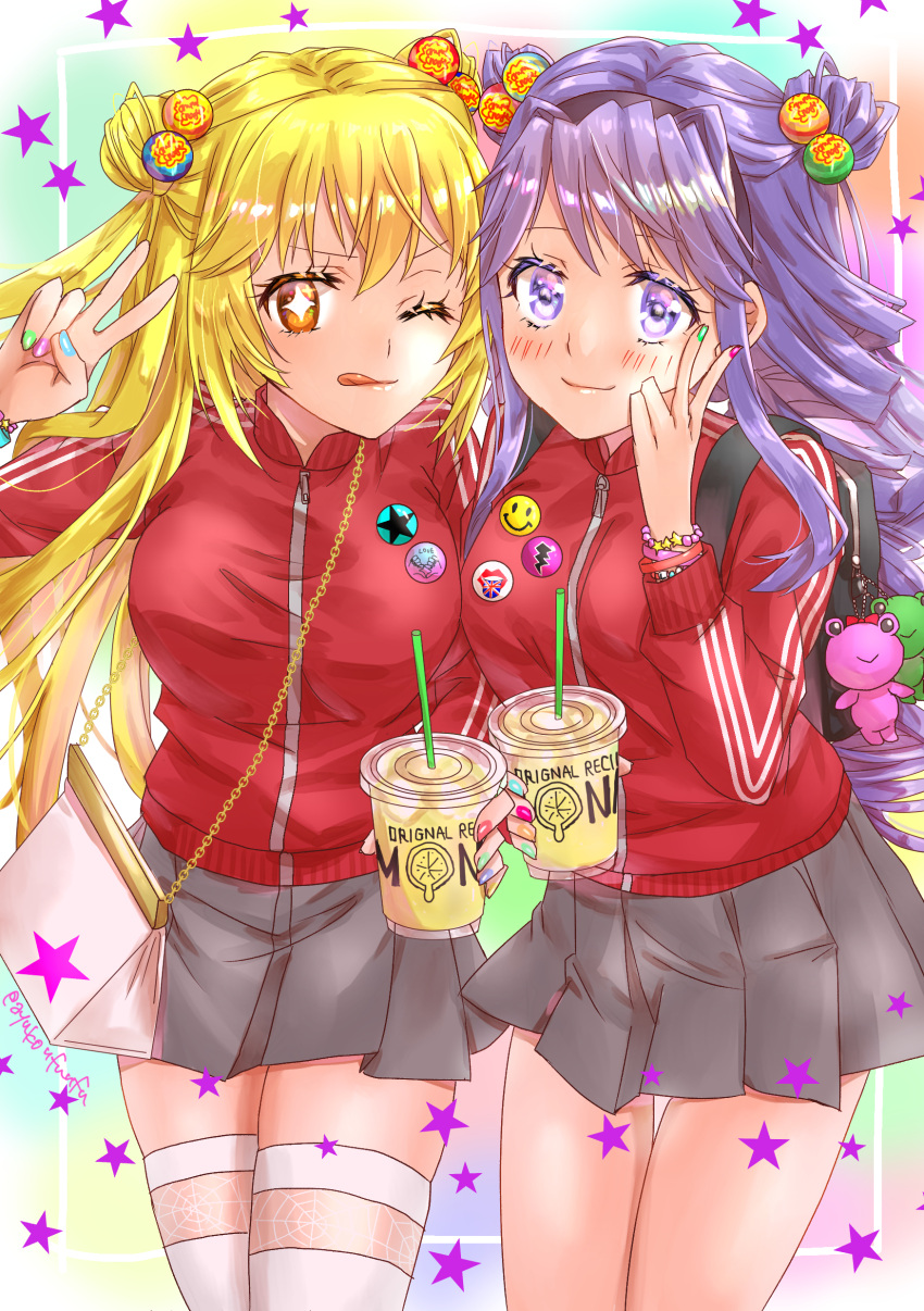 2girls absurdres ayuko_(ayuko54bornthisway) bare_legs black_hairband blonde_hair blue_nails bracelet brown_eyes green_nails grey_skirt hair_bun hair_ornament hairband highres hokaze_junko jacket jewelry long_hair long_sleeves looking_at_viewer miniskirt multicolored_nails multiple_girls nail_polish pink_nails pleated_skirt purple_hair red_jacket red_nails shiny shiny_hair shokuhou_misaki skirt symbol-shaped_pupils thigh-highs thigh_gap toaru_kagaku_no_railgun toaru_majutsu_no_index track_jacket very_long_hair violet_eyes white_legwear zettai_ryouiki