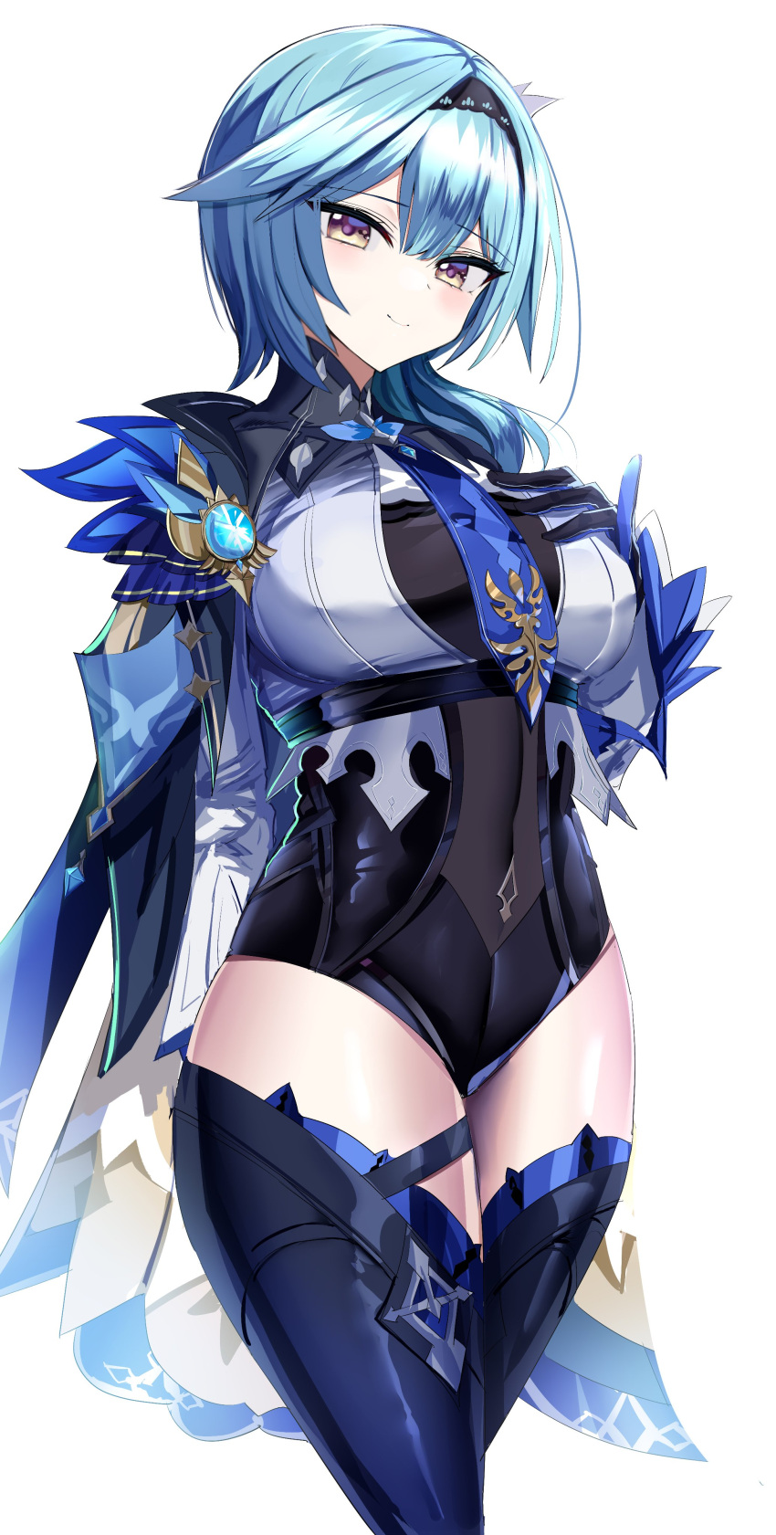 1girl absurdres bangs black_gloves black_hairband black_legwear black_leotard blue_cape blue_hair blue_necktie blush breasts cape eula_(genshin_impact) genshin_impact gloves hair_ornament hairband hanasaka_houcha highres jewelry large_breasts leotard long_sleeves looking_at_viewer medium_hair necktie pendant sidelocks smile solo thick_thighs thigh-highs thighs violet_eyes vision_(genshin_impact)