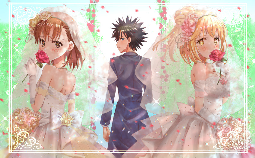 1boy 2girls absurdres ayuko_(ayuko54bornthisway) black_hair blonde_hair blue_eyes blush bouquet breasts brown_eyes brown_hair dress earrings elbow_gloves flower framed gloves hair_flower hair_ornament highres holding holding_bouquet holding_flower jewelry kamijou_touma large_breasts long_hair looking_at_viewer looking_back misaka_mikoto multiple_girls necklace petals pink_flower red_flower red_rose rose shiny shiny_hair shokuhou_misaki short_hair shoulder_blades sleeveless sleeveless_dress spiky_hair strapless strapless_dress symbol-shaped_pupils tied_hair toaru_kagaku_no_railgun toaru_majutsu_no_index white_dress white_flower white_gloves white_rose yellow_eyes yellow_flower