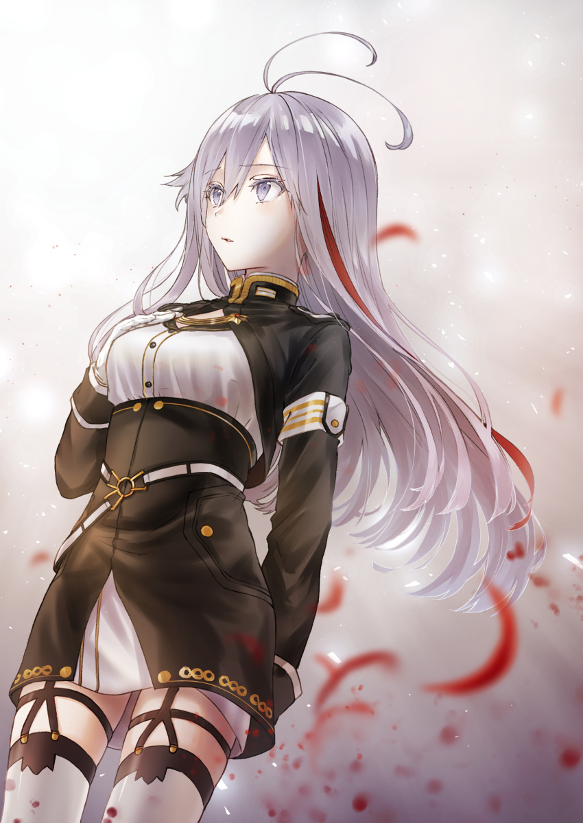 1girl 86_-eightysix- antenna_hair armband bangs blue_eyes blue_jacket blush breasts commentary_request eyebrows_visible_through_hair hair_between_eyes highres jacket long_hair long_sleeves medium_breasts nonon_813 shirt silver_hair simple_background smile solo upper_body very_long_hair vladilena_millize white_shirt