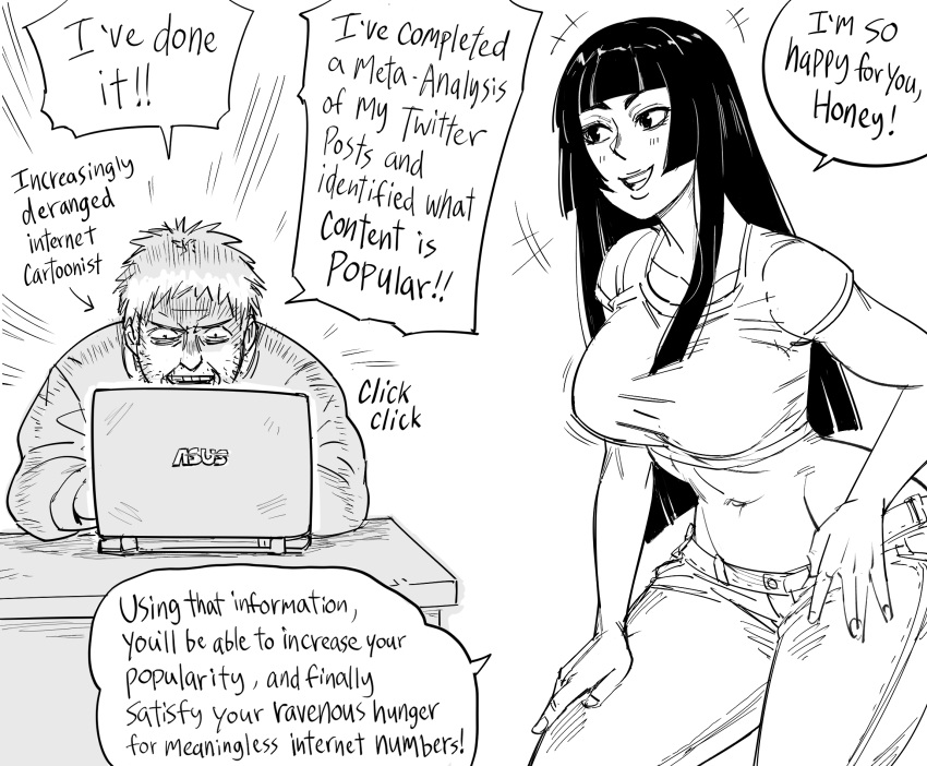 1boy 1girl artist_self-insert bb_(baalbuddy) black_hair breasts computer denim desk english_text facial_hair greyscale hand_on_hip hand_on_own_leg highres hime_cut jeans laptop large_breasts long_hair monochrome original pants plunging_neckline simple_background sitting speech_bubble stubble tank_top white_background