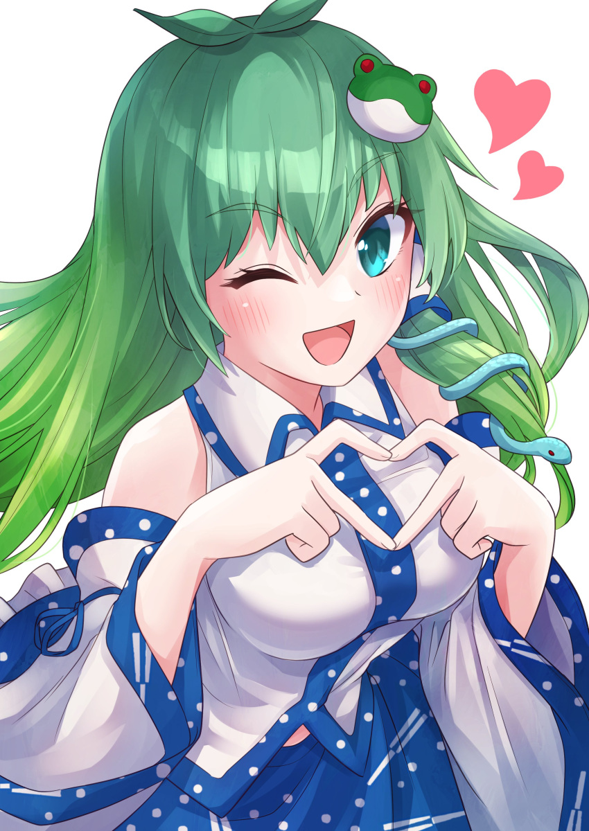 1girl absurdres antenna_hair bangs bare_shoulders bent_over blue_skirt blush breasts collared_shirt commentary_request detached_sleeves eyebrows_visible_through_hair eyelashes feet_out_of_frame frog_hair_ornament green_eyes green_hair hair_ornament hair_tubes heart heart_hands highres kochiya_sanae large_breasts long_hair long_sleeves looking_at_viewer nontraditional_miko one_eye_closed open_mouth print_skirt ramie_(ramie541) shirt simple_background skirt sleeveless sleeveless_shirt snake_hair_ornament solo standing tongue touhou white_background white_shirt wing_collar