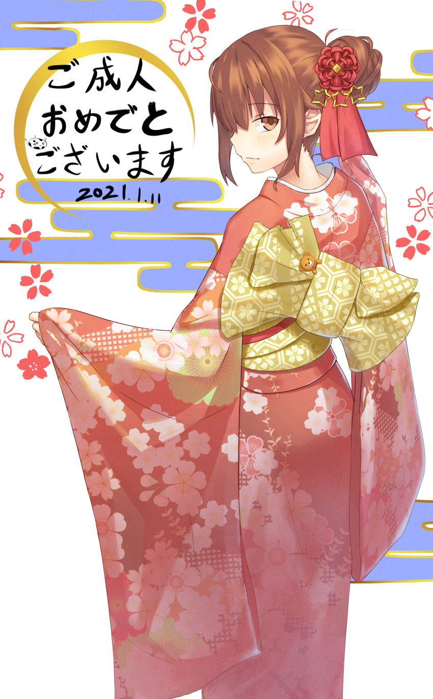 1girl 2021 absurdres brown_eyes brown_hair floral_print flower from_behind hair_bun hair_flower hair_ornament hair_up highres hololive ii_shu japanese_clothes kimono long_hair long_sleeves looking_at_viewer looking_back nengajou new_year obi pink_kimono red_flower sash sleeves_past_wrists solo tokino_sora virtual_youtuber wide_sleeves