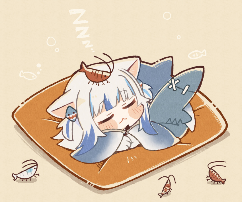 1girl :3 absurdres animal_ears animal_on_head bangs beige_background blue_hair blunt_bangs blush_stickers cat_ears chibi closed_eyes commentary fish_tail gawr_gura highres hololive hololive_english multicolored_hair on_head pillow same_anko shark_tail shrimp simple_background sleeping solo streaked_hair symbol-only_commentary tail two-tone_hair two_side_up virtual_youtuber white_hair zzz