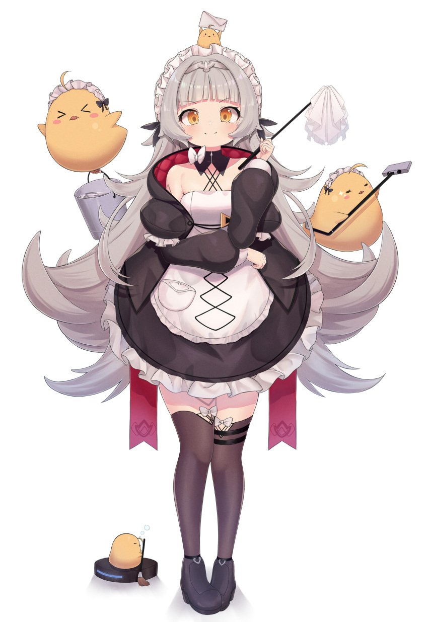 1girl absurdres alternate_costume apron azur_lane bangs black_dress black_footwear black_jacket black_legwear blunt_bangs bucket closed_mouth commentary criss-cross_halter dress duster enmaided frilled_dress frills grey_hair halter_dress halterneck headpiece highres jacket looking_at_viewer maid maid_headdress manjuu_(azur_lane) mop official_alternate_costume pigeon-toed roomba ruwo simple_background smile solo tattoo thigh-highs v-shaped_eyebrows white_apron white_background yellow_eyes z46_(azur_lane) z46_(chronicles_of_the_dust_war)_(azur_lane)