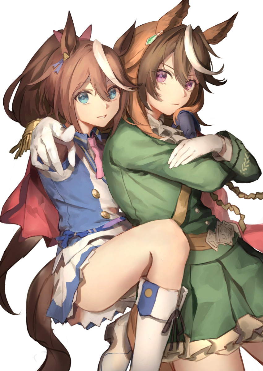 2girls absurdres animal_ears blue_eyes brown_hair cowboy_shot dress erulusyro foot_out_of_frame foreshortening gloves green_dress highres horse_ears horse_girl horse_tail knee_up light_smile long_hair looking_at_viewer miniskirt multicolored_hair multiple_girls parted_lips pointing pointing_at_viewer ponytail simple_background skirt streaked_hair symboli_rudolf_(umamusume) tail tokai_teio_(umamusume) umamusume violet_eyes white_background white_gloves