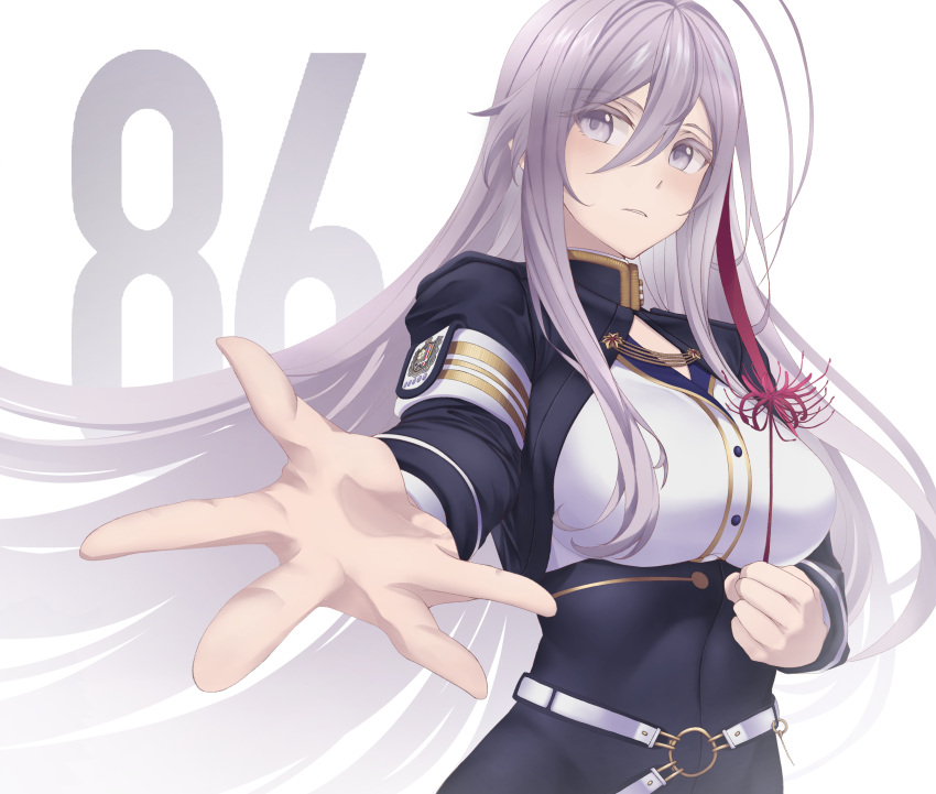 1girl 86_-eightysix- antenna_hair armband bangs blue_eyes blue_jacket blush breasts commentary_request eyebrows_visible_through_hair hair_between_eyes highres jacket kozen_(arturaxiaillust) long_hair long_sleeves medium_breasts shirt silver_hair simple_background smile solo upper_body very_long_hair vladilena_millize white_shirt