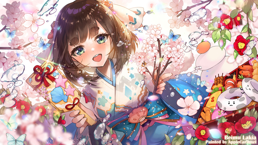 1girl :d apple_caramel bangs blue_bow blush bow branch breasts brown_hair bug butterfly commentary_request copyright_request eyebrows_visible_through_hair flower food green_eyes hagoita highres holding japanese_clothes kagami_mochi kimono medium_breasts paddle red_flower short_eyebrows smile teeth thick_eyebrows upper_teeth virtual_youtuber water white_flower white_kimono