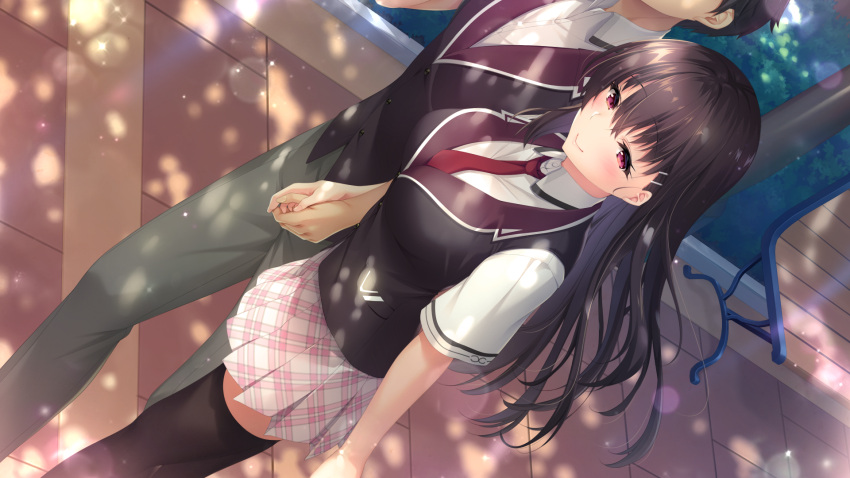 1boy 1girl arima_kyouya bangs black_hair black_legwear black_vest blush boku_no_mirai_wa_koi_to_kakin_to breasts brown_hair closed_mouth collared_shirt couple dappled_sunlight eyebrows_visible_through_hair game_cg grey_pants hair_between_eyes half-closed_eyes head_out_of_frame highres holding_hands large_breasts long_hair miniskirt necktie nironiro outdoors pants plaid plaid_skirt pleated_skirt red_eyes red_neckwear school_uniform shiny shiny_hair shirt short_sleeves skirt smile standing straight_hair sunlight thigh-highs very_long_hair vest walking wataya_azusa white_shirt white_skirt wing_collar zettai_ryouiki