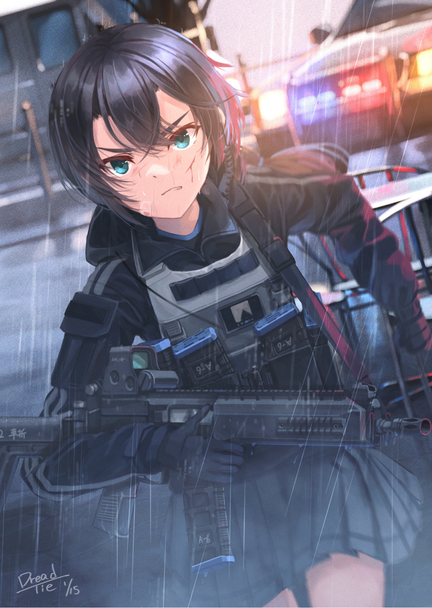 1girl absurdres aqua_eyes assault_rifle bandaid bandaid_on_face black_gloves black_hair blood blood_on_face car clenched_teeth dreadtie gloves ground_vehicle gun highres holding holding_gun holding_weapon load_bearing_vest magazine_(weapon) motor_vehicle original police_car rain rifle running short_hair signature skirt solo teeth weapon weapon_request