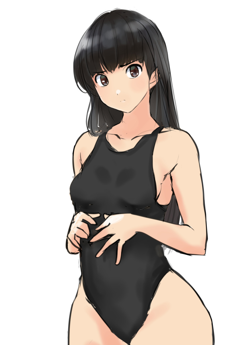 1girl amagami ayatsuji_tsukasa black_eyes black_hair black_swimsuit commentary_request competition_swimsuit highres korean_commentary long_hair looking_at_viewer one-piece_swimsuit simple_background solo swimsuit upper_body white_background ykh1028