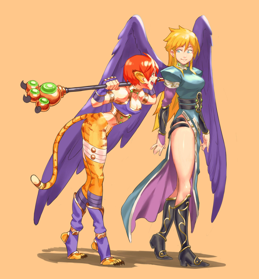 2girls absurdres angel_wings animal_ears animoose black_wings blonde_hair boots breath_of_fire breath_of_fire_ii bridal_gauntlets cat_ears cat_girl cat_tail dress feathered_wings highres knee_boots long_legs multiple_girls nina_(breath_of_fire_ii) purple_wings rinpoo_chuan short_hair side_slit tail thighs wings