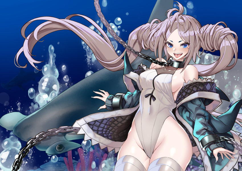 1girl absurdres bangs blue_eyes blue_jacket blush breasts bubble chain collar floating_hair grey_hair hammerhead_shark highres jacket kaorihero leotard long_hair medium_breasts mole mole_under_eye off_shoulder open_hand original sharp_teeth sideboob sleeves_past_wrists solo teeth thigh-highs twintails white_leotard