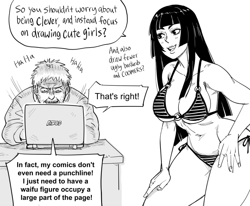 1boy 1girl artist_self-insert asus bb_(baalbuddy) bikini black_hair breasts computer desk english_text facial_hair greyscale hand_on_hip hand_on_own_leg highres hime_cut laptop large_breasts long_hair monochrome original simple_background sitting speech_bubble stubble swimsuit white_background