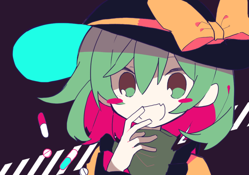 1girl :d bangs black_headwear blouse blush blush_stickers bow colored_inner_hair commentary eyebrows_behind_hair fang frilled_shirt_collar frilled_sleeves frills green_eyes green_hair grey_background hair_between_eyes hand_up happy hat hat_bow komeiji_koishi long_sleeves looking_at_viewer mamimu_(ko_cha_22) multicolored_hair open_hand open_mouth pill pink_hair portrait short_hair simple_background skin_fang smile solo touhou two-sided_fabric yellow_blouse yellow_bow