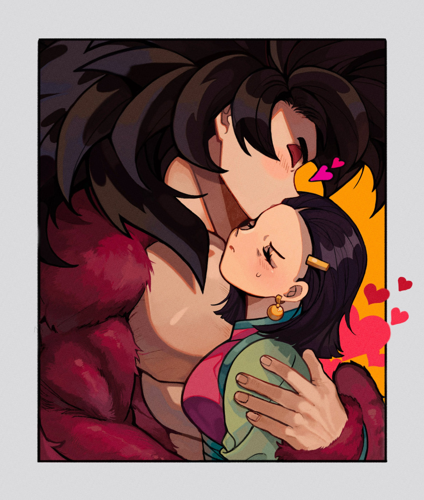 1boy 1girl ;d absurdres black_hair blush body_fur chi-chi_(dragon_ball) child chinese_clothes closed_eyes commentary couple db_jolimu dougi dragon_ball dragon_ball_gt earrings fingernails flower heart highres holding hug husband_and_wife jewelry lifted_by_another monkey_boy monkey_tail motherly one_eye_closed open_mouth red_fur saiyan smile son_goku spiky_hair super_saiyan super_saiyan_4 symbol-only_commentary tail