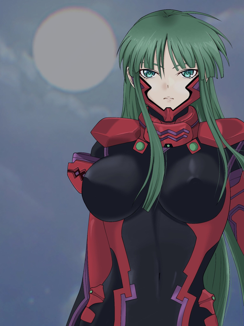 1girl bangs breasts covered_nipples expressionless eyebrows_behind_hair fortified_suit ginrei_(ginrei_ginrei) green_eyes green_hair highres large_breasts long_hair looking_at_viewer moon muvluv muvluv_alternative_(anime) night night_sky pilot_suit skin_tight sky solo tsukuyomi_mana