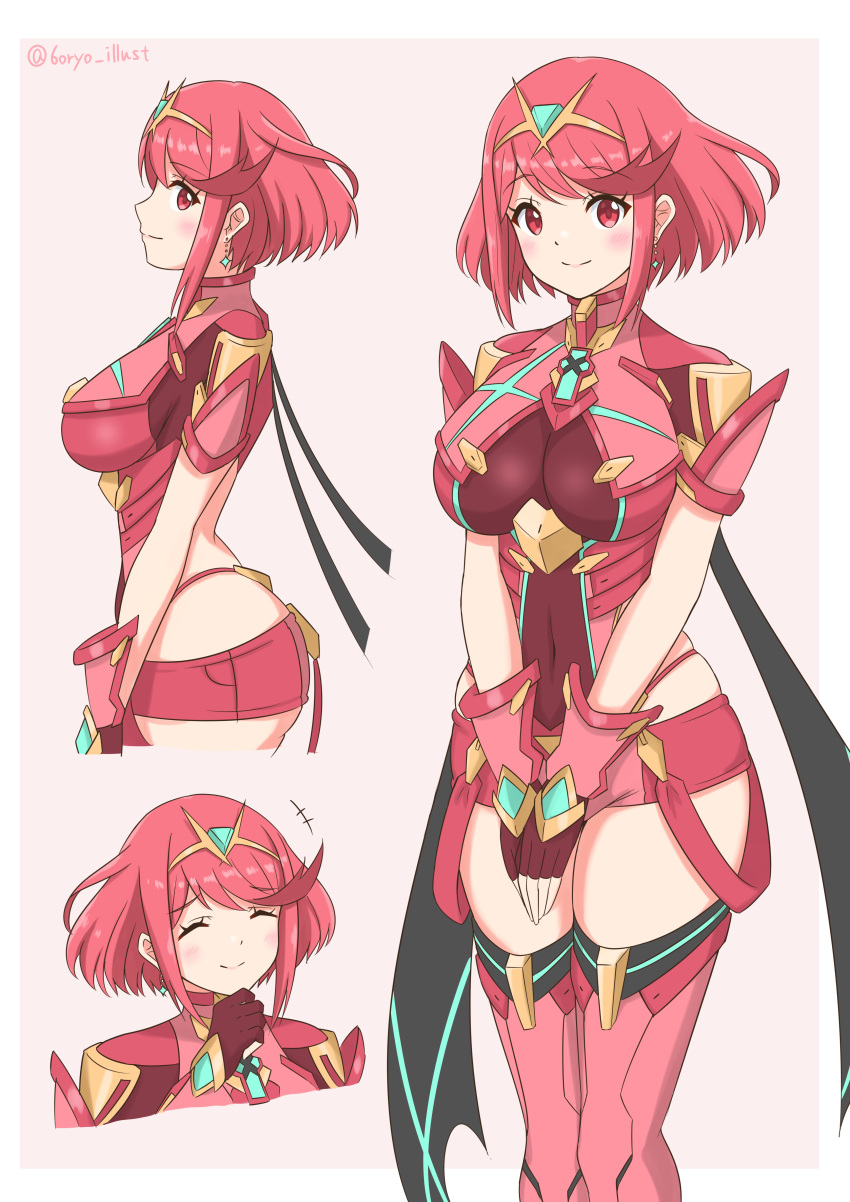 absurdres bangs black_gloves breasts chest_jewel earrings fingerless_gloves gem gloves headpiece highres jewelry large_breasts pyra_(xenoblade) red_eyes red_legwear red_shorts redhead ryochan96154 short_hair short_shorts shorts swept_bangs thigh-highs tiara xenoblade_chronicles_(series) xenoblade_chronicles_2