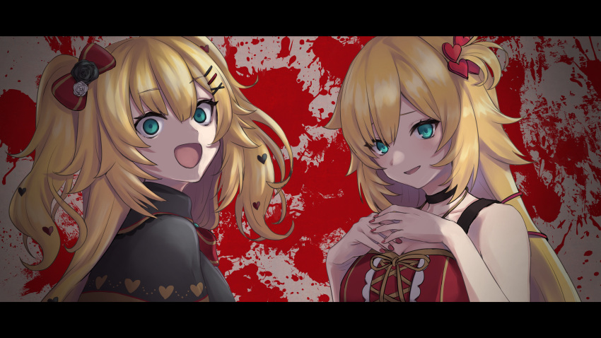 2girls :d absurdres akai_haato aqua_eyes arms_up bare_arms black_capelet black_choker blonde_hair blood bow bowtie breasts capelet choker crazy_eyes crazy_smile dress dual_persona english_commentary eyebrows_visible_through_hair from_side g9_(jiiku) gradient gradient_background grey_background hair_between_eyes hair_bow hair_ornament hairclip hands_on_own_chest head_tilt heart heart_hair_ornament highres hololive letterboxed long_hair looking_at_viewer medium_breasts multiple_girls nail_polish open_mouth own_hands_together parted_lips red_bow red_bowtie red_dress red_nails shadow sleeveless sleeveless_dress smile two_side_up upper_body very_long_hair virtual_youtuber x_hair_ornament