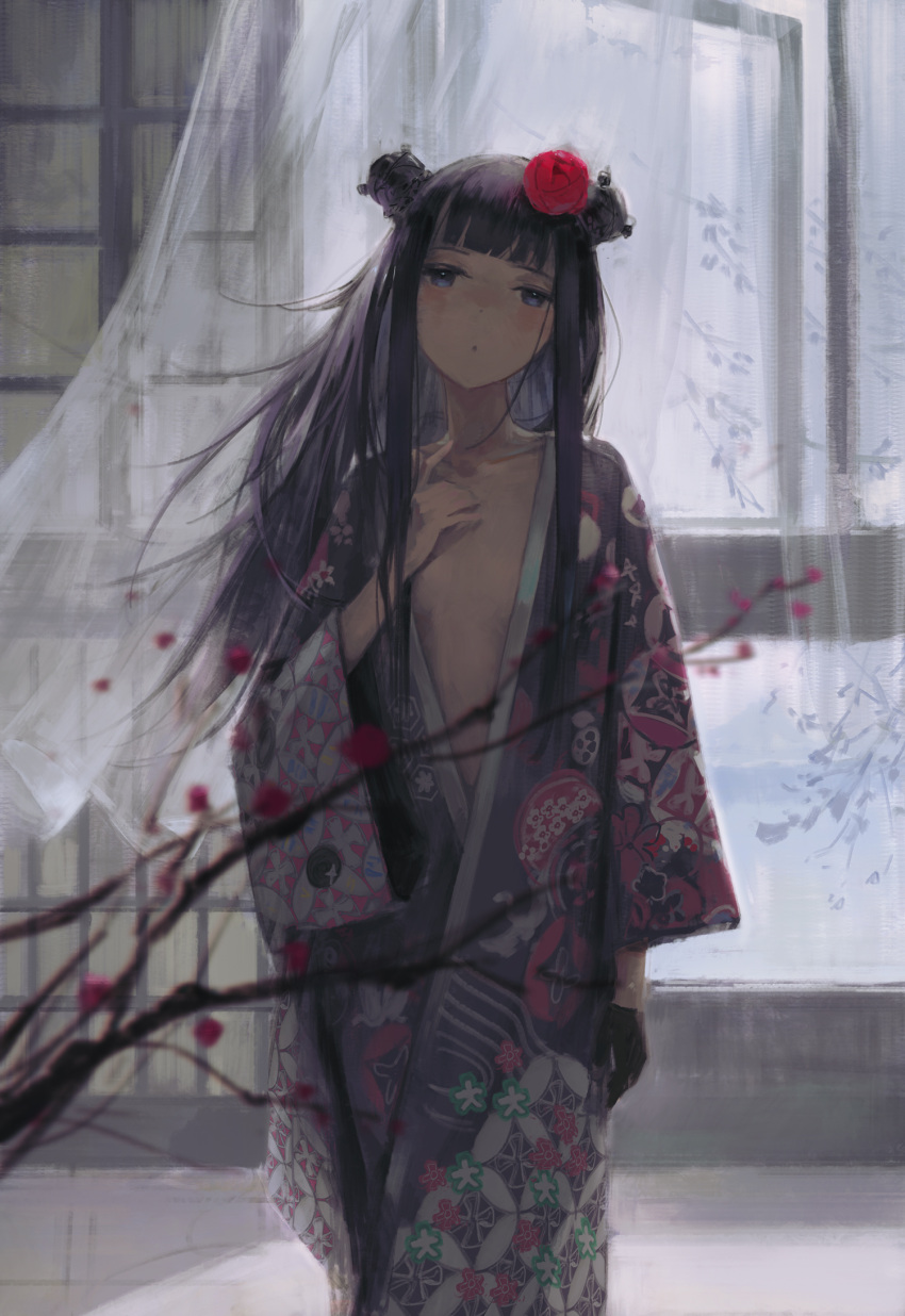 1girl bangs black_gloves blurry blurry_foreground blush branch commentary curtains dino_(dinoartforame) double_bun floating_hair gloves hair_ornament hand_up highres hololive hololive_english indoors japanese_clothes kimono long_hair long_sleeves looking_at_viewer ninomae_ina'nis open_clothes open_kimono parted_lips print_kimono purple_hair purple_kimono single_glove solo standing symbol-only_commentary violet_eyes virtual_youtuber
