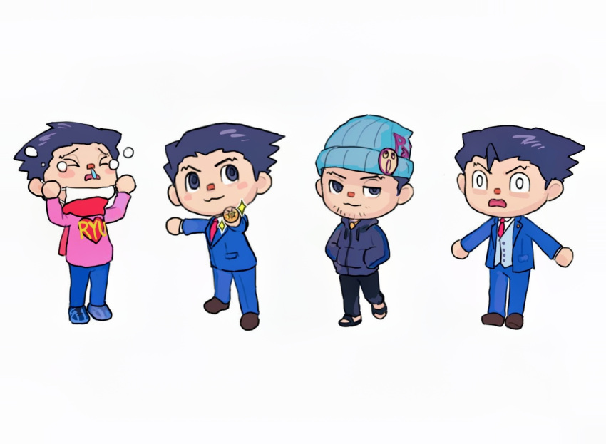 &gt;_&lt; 1boy :3 ace_attorney animal_crossing apollo_justice:_ace_attorney arms_up beanie black_footwear black_hair black_pants blue_footwear blue_headwear blue_hoodie blue_jacket blue_pants blush blush_stickers chibi chinese_commentary closed_eyes closed_mouth clothes_writing collared_shirt commentary_request crying drawstring facial_hair formal full_body godzillapigeon1 half-closed_eyes hands_in_pockets happy hat heart heel_up highres hood hood_down hoodie jacket long_sleeves looking_at_viewer male_focus mask mask_pull mouth_mask multiple_views necktie official_style open_mouth outstretched_arm pants phoenix_wright phoenix_wright:_ace_attorney_-_trials_and_tribulations pin pink_sweater pocket red_necktie red_scarf sandals scarf shiny shiny_hair shirt shoes short_hair simple_background smile snot sparkle spiky_hair standing stubble suit surgical_mask surprised sweater tears v-shaped_eyebrows white_background white_eyes white_shirt wide-eyed