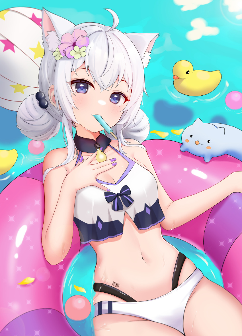 1girl absurdres afloat ahoge animal_ear_fluff animal_ears bangs barcode barcode_tattoo bikini blue_eyes blush bow bow_bikini cat choker collarbone double_bun extra_ears flower grey_hair hair_flower hair_ornament halterneck hand_on_own_chest hand_up highres looking_at_viewer lying navel original popsicle_in_mouth rubber_duck solo swimsuit takeawatch tattoo water white_bikini