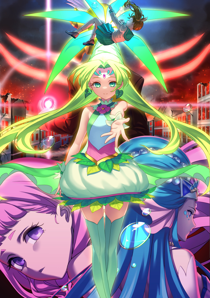 4girls absurdres agnete_(precure) aozora_middle_school_uniform back-to-back beehive_hairdo black_suit blue_hair brown_hair bubble bubble_skirt butler_(precure) closed_eyes closed_mouth cure_oasis earrings facial_mark formal green_eyes green_hair green_legwear green_skirt heart heart_in_eye highres holding_orb horns jewelry laura_la_mer leaf_earrings long_hair looking_at_viewer magical_girl mermaid_queen_(precure) mohawk monster_boy multiple_girls natsuumi_manatsu outstretched_hand parted_lips pearl_hair_ornament ponytail precure purple_hair school_uniform seahorse serafuku skirt smile symbol_in_eye thigh-highs tropical-rouge!_precure violet_eyes white_hair wrist_cuffs yoko-ya_manjirou