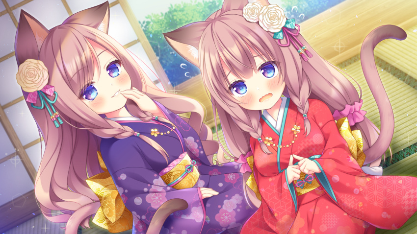 2girls animal_ears blue_eyes blush brown_hair cat_ears cat_girl cat_tail commentary_request floral_print flower flying_sweatdrops hair_flower hair_ornament hand_up indoors japanese_clothes kimono long_hair long_sleeves looking_at_viewer multiple_girls obi open_mouth original parted_lips print_kimono purple_kimono red_kimono rose ryuuka_sane sash sleeves_past_wrists tail very_long_hair wavy_mouth white_flower white_rose wide_sleeves