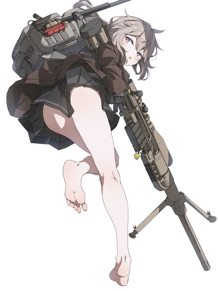 1girl absurdres backpack bag bare_legs barefoot bipod black_gloves black_skirt bolt_action brown_jacket cheytac_m200 girls_frontline gloves grey_hair gun highres holding holding_gun holding_weapon jacket kneepits light_purple_eyes long_sleeves looking_at_viewer looking_back m200_(girls'_frontline) miniskirt pleated_skirt rifle short_hair simple_background skirt sniper_rifle solo tai_san_ps4 trigger_discipline weapon white_background