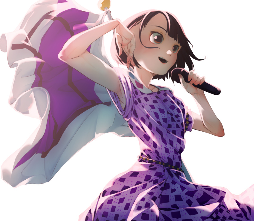 1girl bob_cut brown_eyes brown_hair dress hands_up highres holding holding_microphone microphone nogizaka46 open_mouth purple_dress rikito1087 short_hair short_sleeves simple_background solo standing white_background
