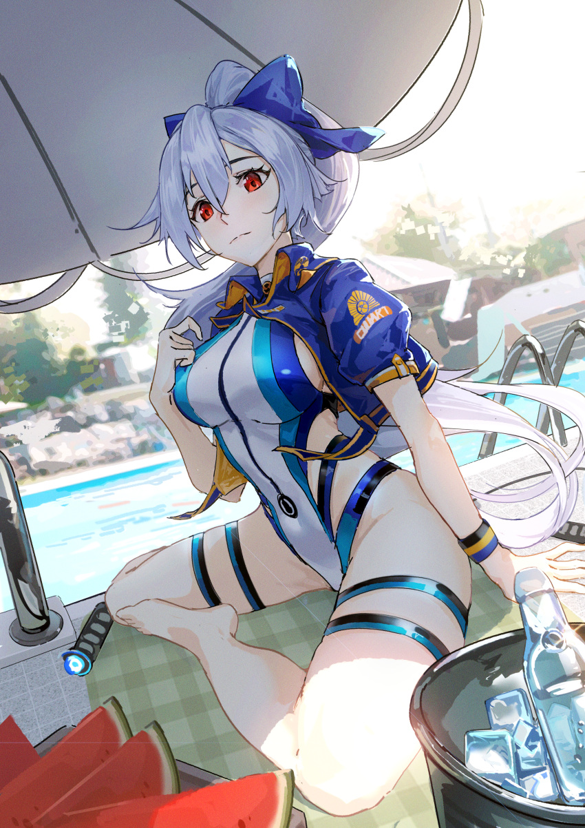 1girl absurdres blue_bow blue_jacket blue_swimsuit bow breasts cropped_jacket fate/grand_order fate_(series) hair_bow highleg highleg_swimsuit highres jacket long_hair medium_breasts multicolored multicolored_clothes multicolored_swimsuit one-piece_swimsuit ponytail red_eyes short_sleeves shrug_(clothing) silver_hair solo standing striped_wristband swimsuit tomoe_gozen_(fate/grand_order) tomoe_gozen_(swimsuit_saber)_(fate) two-tone_swimsuit very_long_hair wading white_swimsuit zu&igrave;hou_de_miao_pa_si