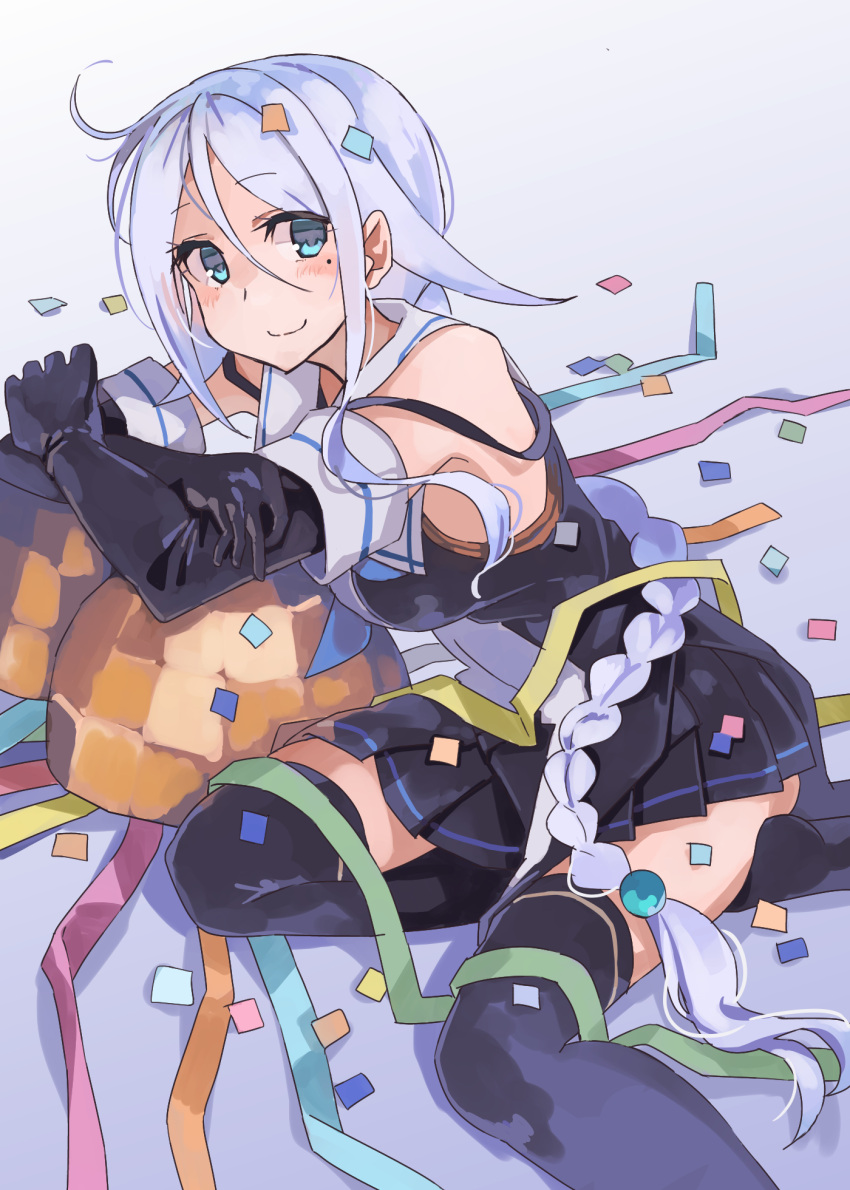 1girl bangs bare_shoulders black_gloves black_legwear black_serafuku black_skirt blue_eyes blue_neckerchief blush braid collared_shirt commentary_request confetti elbow_gloves feet_out_of_frame gloves gradient gradient_background highres kantai_collection leaning_on_object long_hair looking_at_viewer mole mole_under_eye neckerchief on_ground parted_bangs pleated_skirt school_uniform serafuku shirt silver_hair single_braid sitting skirt sleeveless sleeveless_shirt smile solo sugue_tettou thigh-highs umikaze_(kancolle) very_long_hair white_hair zettai_ryouiki